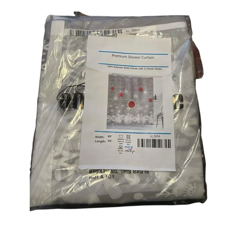 PREIUM SHOWER CURTAIN CHRISTMAS BALLS AND SNOWFLAKES WIDTH 69' LENGTH 70'